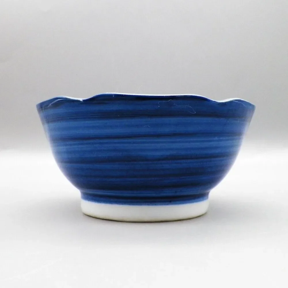 Japanese Ceramic Kobachi Rice Bowl Blue Brushstroke Design Scalloped Rim & Spoon